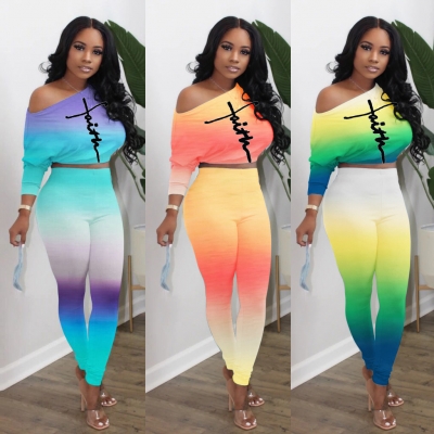 Sexy Inclined Collar Off Shoulder High Waist Suit Colorful Gradient Color Fluorescent Letters XY88032