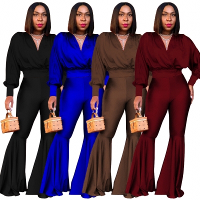 Fashion casual solid color sexy V-neck top big flared trousers two-piece suit M2131