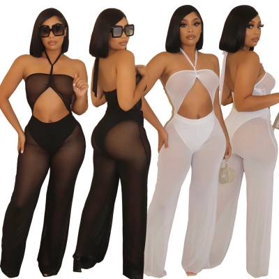 Fashionable and sexy new women's clothing mesh tube top strap wide leg jumpsuit z9152