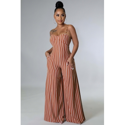 Sexy Striped Backless Sling Wide-Leg Jumpsuit W9336