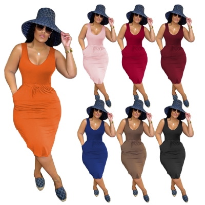 Women's Fashion Solid Color V-Neck Strap Tank Top Dress Ruffle Hem Sexy Dress H1848