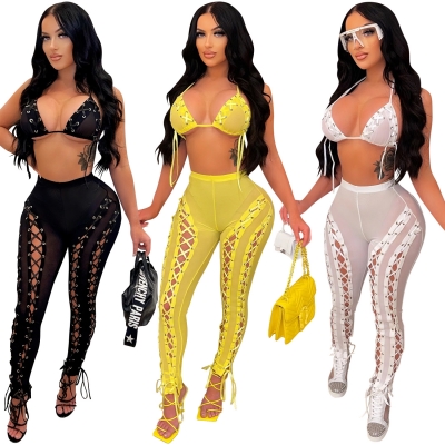 Fashion women's sexy solid color mesh see-through hollow sleeveless vest trousers two-piece set C5711