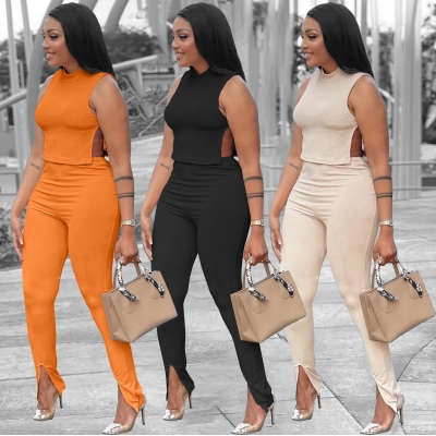 Ladies Sexy Casual Solid Color Round Neck Sleeveless Side Slit Strap Two Piece Set JP1068