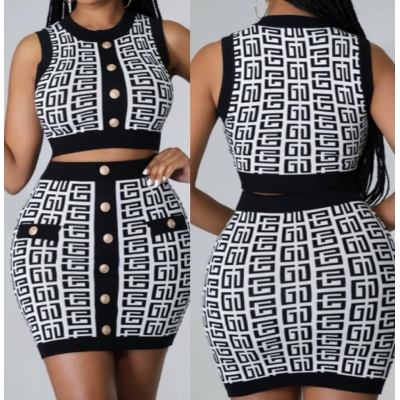 Fashion women's round neck sleeveless waistless skirt suit geometric pattern wool two-piece set WDS220409