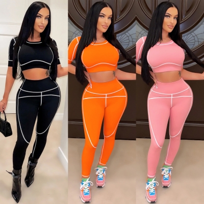 Fashion New Casual Tight Sports Short Sleeve Solid Color Pants Two Piece Set C5707