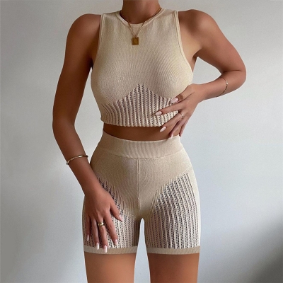 Sexy Perspective Knitted Sleeveless Vest High Waist Bag Hip Show Thin Shorts Suit W21S15060
