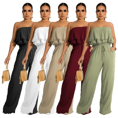 Women's Solid Color Sleeveless Casual Wrap Chest Ruffle Jumpsuit TS1211