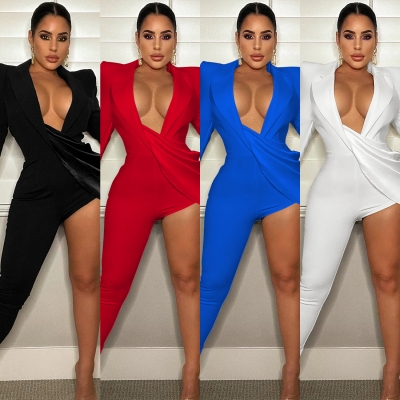 Fashion New Sexy Solid Color Tight V-Neck Long Sleeve Jumpsuit X5813