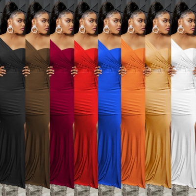 Fashion Solid Color Party Tight One Shoulder Sleeve Dress Long Skirt Women X5819