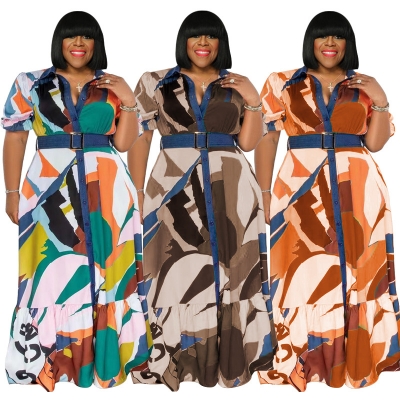 Colorful Print Belted Loose Plus Size Women's Dress OSS22297