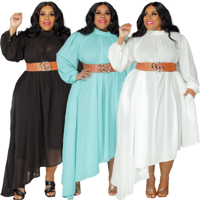 Plus Size Solid Color Long Sleeve Loose Dress (No Belt) CY9334