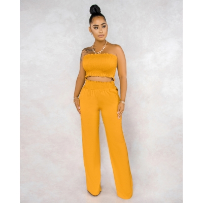 Solid color sexy pleated wrap chest pocket loose wide leg pants casual two-piece set A5006