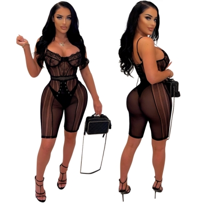 Fashion sexy lace suspenders tight bag hip jumpsuit nightclub party YF9894