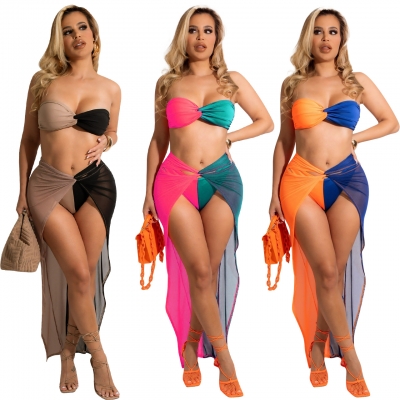 Sexy Patchwork Wrap Breast Mesh Dress Three-Piece Set NK303
