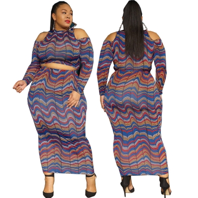 Plus size women's printed straight woolen off-the-shoulder long-sleeved hip-length dress two-piece set SC4129B