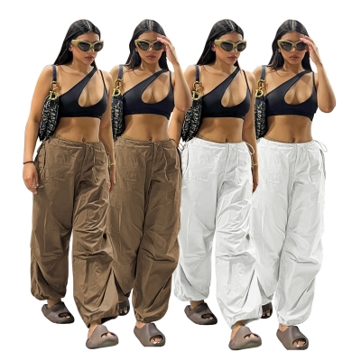 Elastic Strap Street Solid Color Cargo Loose Casual Pants D88184