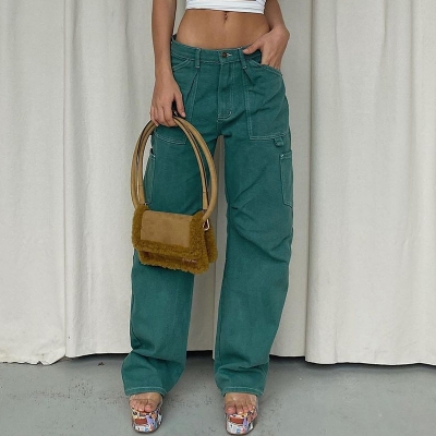 Hot girl street fashion artificial pocket high waist straight jeans LR19962