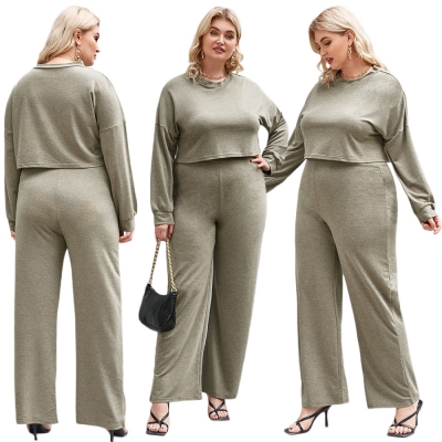 Large Fat Women's Casual Mother Solid Long Sleeve Pullover Top Wide Leg Pants Set P2151