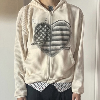Waffle Love Print Loose Sweatshirt Teenager Casual Hooded Cardigan HGMIC28633