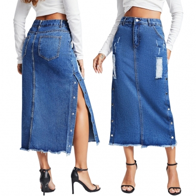 Fashion trend rivet wrap buttocks stretch denim long skirt HSF2641