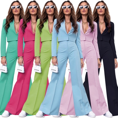 Solid color short long sleeve small suit fashion high waist wide leg pants suit SSN211290
