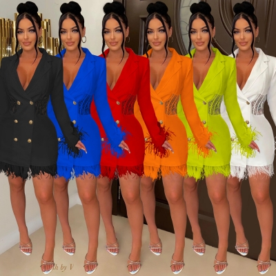 Fashion Women's V-neck Long Sleeve Double breasted Tassel Hollow out Dress X6161
