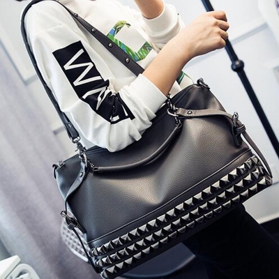 Large-capacity bag, litchi pattern, women's bag, fashionable rivet bag, one-shoulder diagonal cross portable punk bag B0153