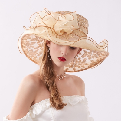Large brim organza sandal, hot diamond flower sunshade hat, female summer seaside sunscreen sun hat, chiffon net hat FF00021
