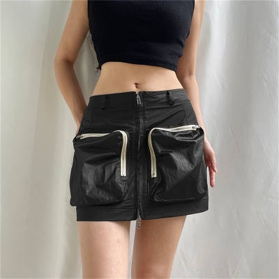 Work style large pocket zipper color contrast stitching straight tube skirt short skirt LR23906