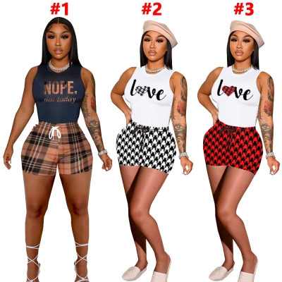 Women's Fashion Casual Tank Top Shorts Slim Fit Printing Two Piece Set D6046