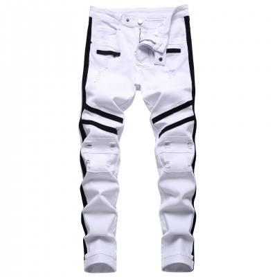 White zippered jeans with black edge decoration and patchwork slim fitting stretch holes for men's casual pants KS103
