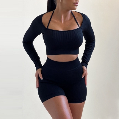 Women's knitted thread high elastic back exercise and fitness two-piece set S3914184W