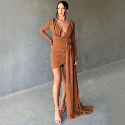 Long sleeved sexy V-neck slim fit and hip wrap style dress K23D33000