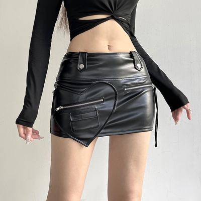 PU leather micro elastic splicing heart zipper heavy-duty bag buttocks sexy characteristic half body short skirt KJ08754