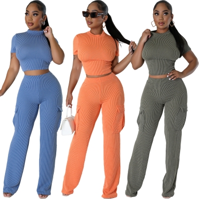 Solid color short sleeved wide leg pants two-piece set X9469