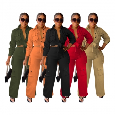 Long sleeved and long pants workwear style wide leg solid color two-piece set FA8370