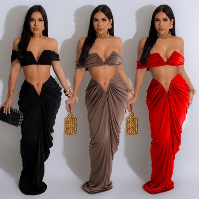 Women's solid color sexy strapless pleated skirt two-piece set C6822