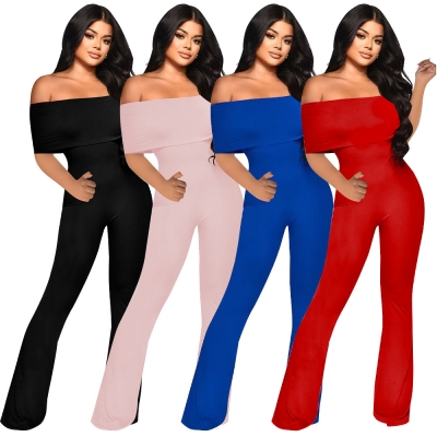 Straight shoulder solid color jumpsuit with waistband K10677