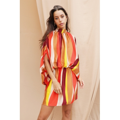 Colorful striped printed tie bat sleeve wrap buttocks dress S10723