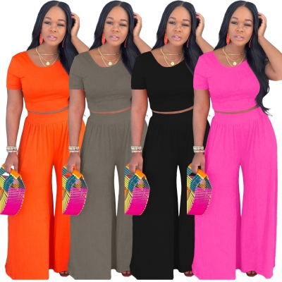 Two piece set of exposed navel solid color wide leg pants X9318-1