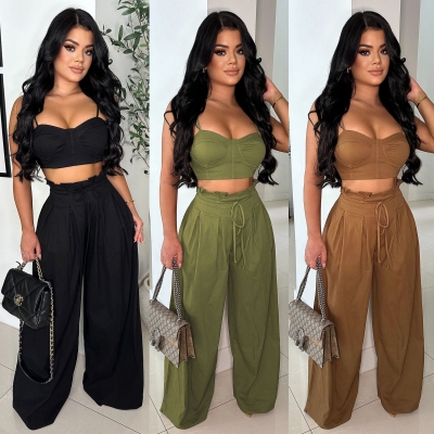 Waist strap vest set, wide leg strap, non elastic pants two-piece set A7488