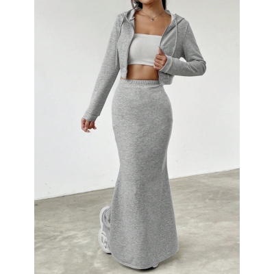 Long sleeved hooded zipper sweatshirt with hip hugging long skirt set MJ6611