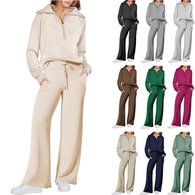 Sports suit zipper long sleeved sweatshirt wide leg pants two-piece set Y746041467218