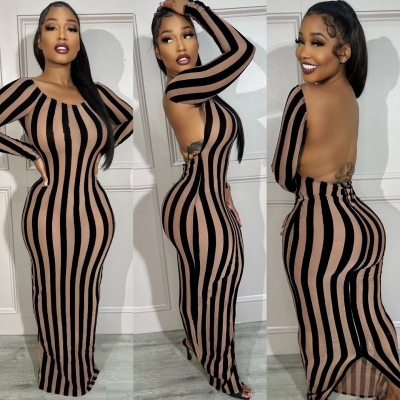Long sleeved striped printed Bodycon Dress A253DS